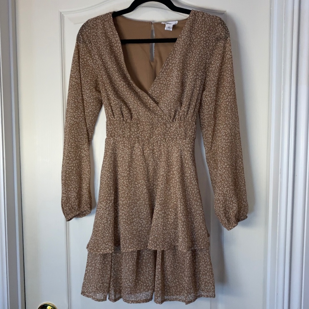 Japna Brown Leopard Print Cottagecore Tiered Dress S Romantic Fall Mini Sheer